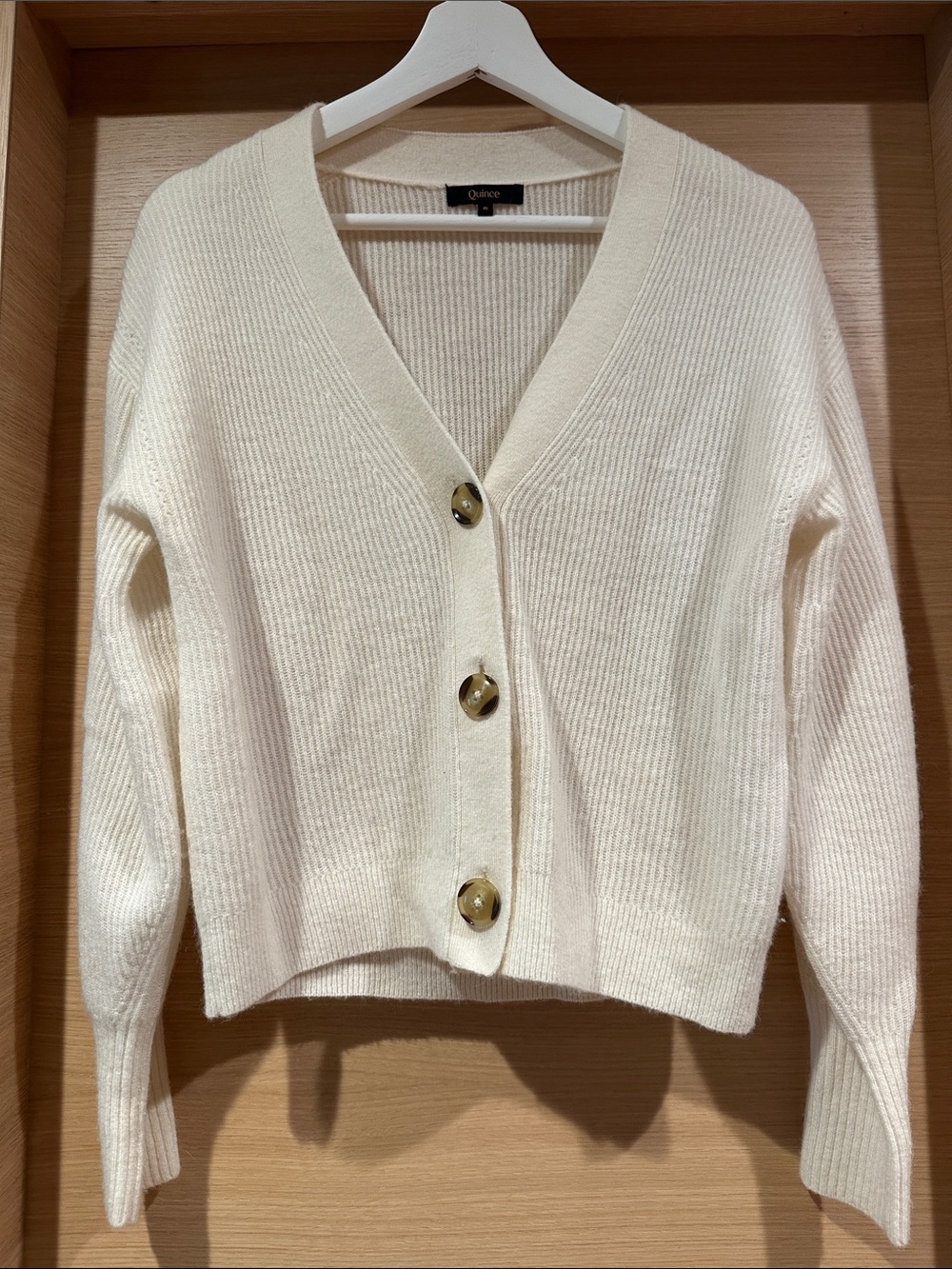 Quince Cream Ribbed V-Neck Button Cardigan